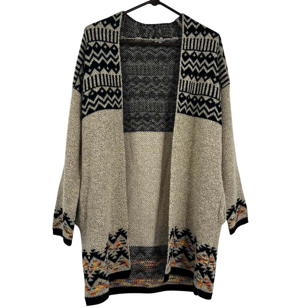 Y2K Boho Aztec Open Front Long Line Oatmeal Cardigan Sweater Women’s Medium